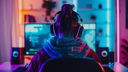pro gamer man in headphones live streaming while playing online computer game, neon lights, esports,  gaming, monitor, play, young, player, internet, enjoyment, cyber,. - obrazy, fototapety, plakaty