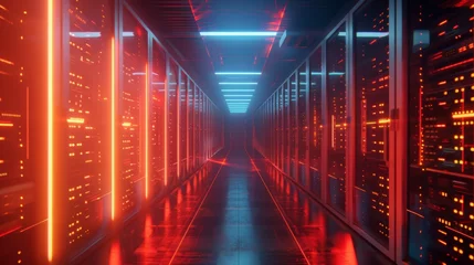 Zelfklevend Fotobehang Shot of Corridor in Working Data Center Full of Rack Servers and Supercomputers with Internet connection Visualization Projection, technology, digital, futuristic, future, © pinkrabbit