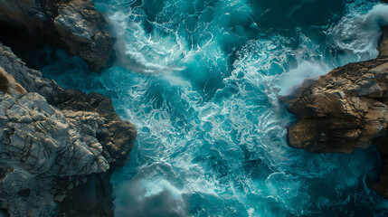 An aerial view of a rocky coastline battered by crashing waves - obrazy, fototapety, plakaty