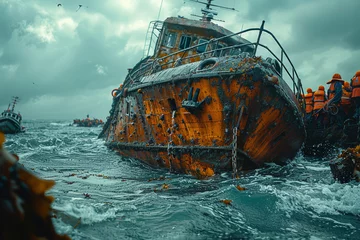 Foto op Plexiglas A lifeboat sailing towards a shipwreck to rescue survivors. Concept of maritime rescue. Generative Ai. © Sebastian