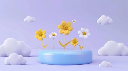 Colorful circular podium for product presentation, including white clouds and yellow flowers. Stage, Commercial Advertising