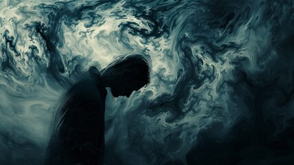 Solitary figure shrouded in dark swirls - A lone figure enshrouded by turbulent dark swirls, depicting isolation and inner turmoil - obrazy, fototapety, plakaty