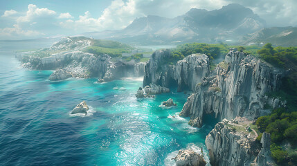 An aerial view of a rocky coastline with towering sea cliffs and hidden coves - Powered by Adobe