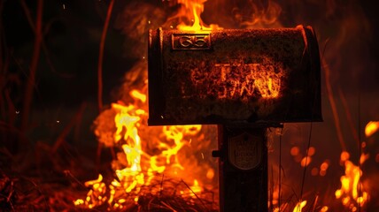 Rusty mailbox in intense flames at night - A rustic mailbox is engulfed in dramatic flames during a nighttime fire incident