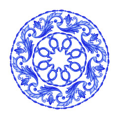 Vector decorative circular pattern blue and white design with frame or border. Baroque Vector mosaic. Traced watercolor. - 775072811