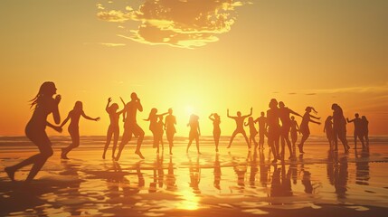 3D animation of happy tourists dancing on a beach at sunset their silhouettes against the golden sky