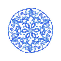 Vector decorative circular pattern blue and white design with frame or border. Baroque Vector mosaic. Traced watercolor. - 775072830