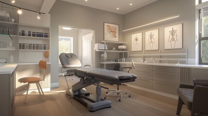 3D rendered image of a state-of-the-art chiropractic clinic with a focus on an adjustment table and anatomical models