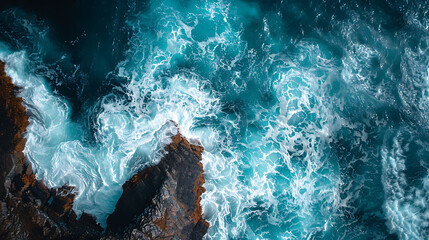 An aerial view of a rugged coastline battered by crashing waves - Powered by Adobe