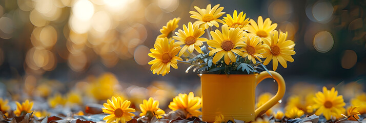 Yellow daisy flower pot with watering can home,
Bouquet of sunflowers natural background with copy space
