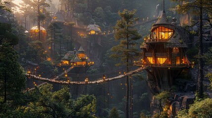 Digital painting of an eco-friendly resort hotel high in the mountains with cabins connected by rope bridges