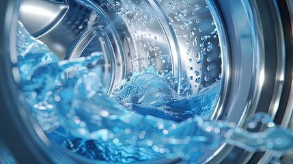 Detailed 3D visualization of the washing process inside a machine from water inflow and detergent mixing to the spinning and rinsing of clothes