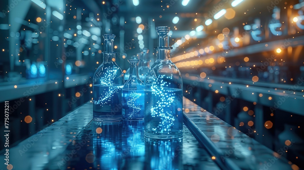 Poster Futuristic chemistry lab with holographic displays of molecular structures and DNA strands floating in the air. Generative AI.