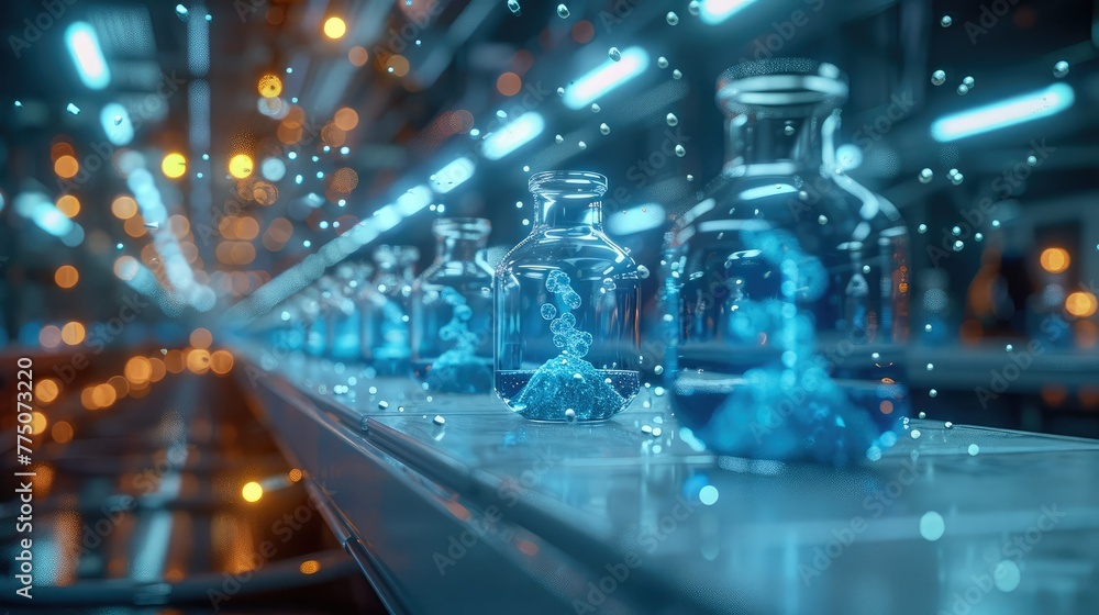 Poster Futuristic chemistry lab with holographic displays of molecular structures and DNA strands floating in the air. Generative AI.