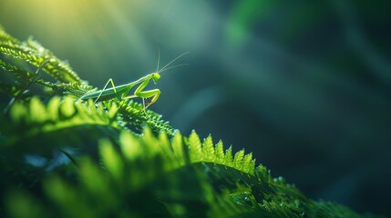 Praying mantis in jungle  macro portrait with morning light and realistic textures