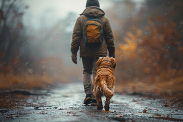 A faithful canine companion wagging its tail beside its owner, exemplifying loyalty and companionship. Concept of unconditional love and friendship. Generative Ai. - obrazy, fototapety, plakaty