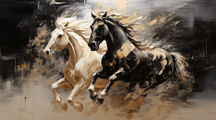 Contemporary Abstract Oil Painting: Gold-Accented Horse Motif with Bold Strokes and Knife Painting...
