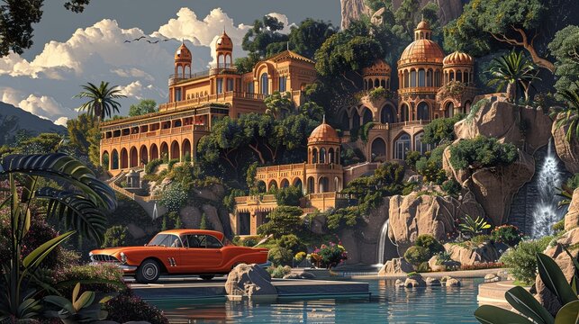 Stylized illustration of a whimsical luxury hotel nestled in an exotic landscape featuring lush gardens