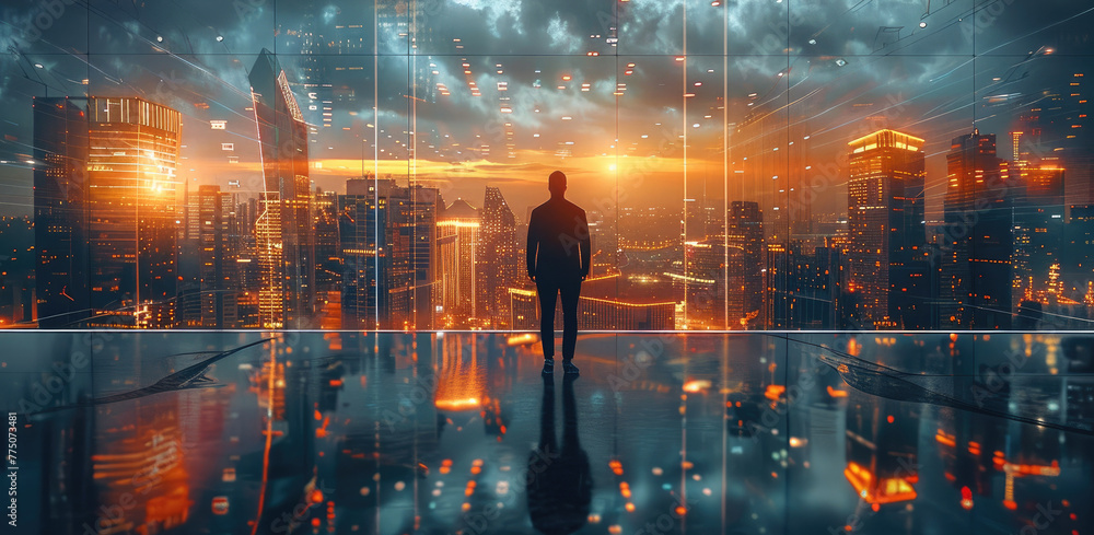 Aufkleber double exposure of abstract city background with business graph, business man on future network city