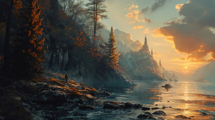 A beautiful landscape with a lake and a castle behind a mountain and a sunset