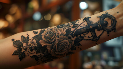 Flowers and an anchor tattooed on the forearm - obrazy, fototapety, plakaty