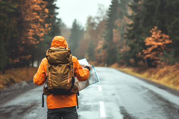 A tourist in sports clothes and a backpack with a large map in his hands,walking along the road against the background of an autumn mountain landscape.A tourist looking for a way.The concept of travel - obrazy, fototapety, plakaty
