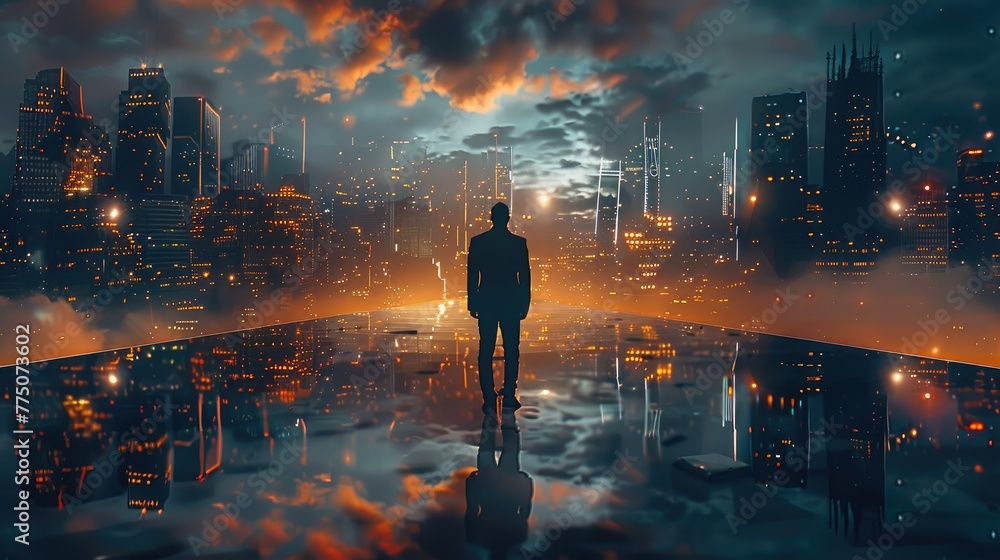 Poster double exposure of abstract city background with business graph, business man on future network city