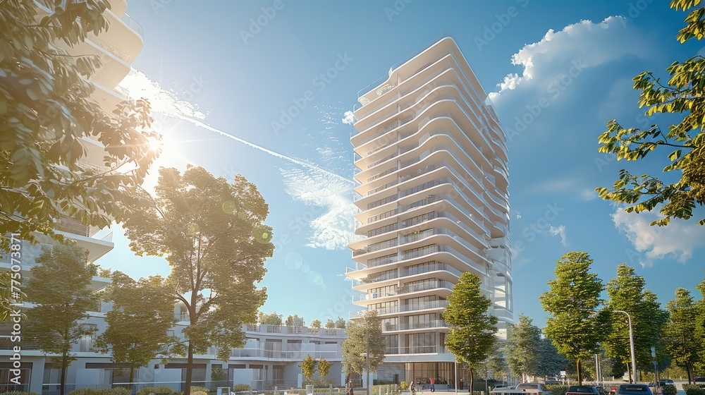 Poster an architectural rendering of the exterior view of an apartment building. generative ai.