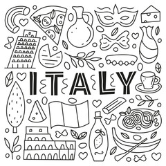 Poster with lettering and doodle outline Italia landmarks and attractions isolated on white background. Travel concept background.