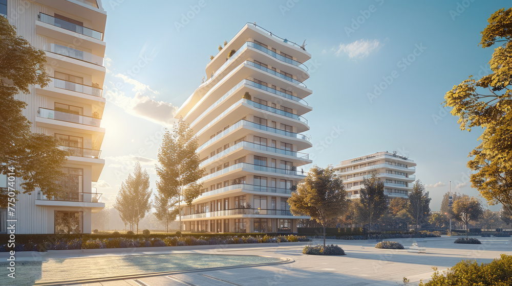 Aufkleber An architectural rendering of the exterior view of an apartment building. Generative AI.