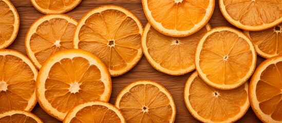 Juicy orange slices arranged neatly on a rustic wooden surface, showcasing vibrant color and...