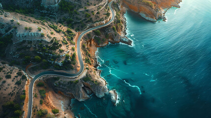 An aerial view of a scenic coastal road winding along cliffs and beaches