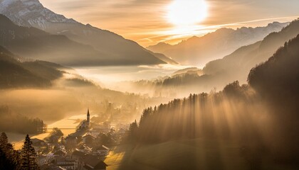 mountain valley village at sunrise