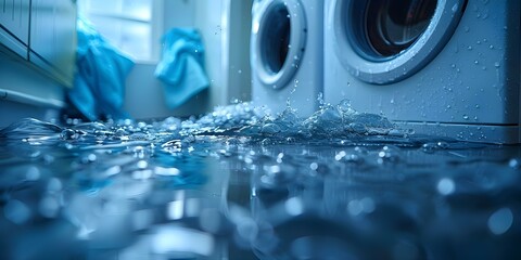 Water leaking from washing machine illustrating potential water damage or household chores. Concept Water Damage, Household Chores, Washing Machine Maintenance, Preventing Leaks, Home Repairs - obrazy, fototapety, plakaty