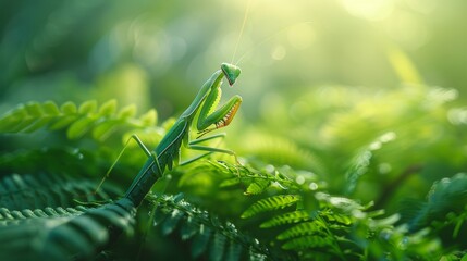 Praying mantis on fern  macro jungle portrait with soft morning light and realistic textures