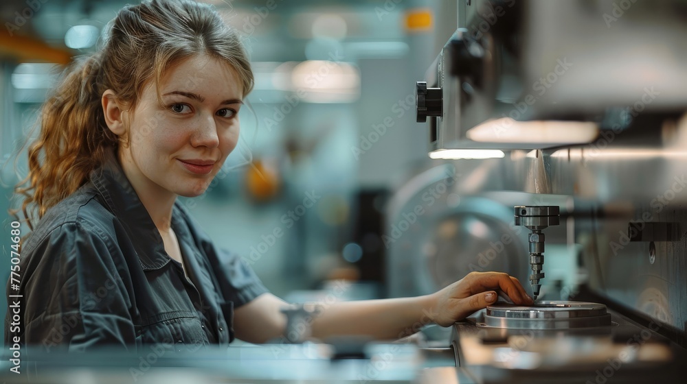 Poster A woman is working at a CNC machine in the workshop of an aluminium processing company. Generative AI.