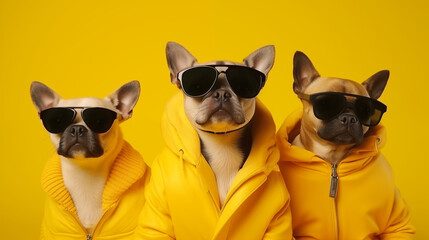 Trio of Fashionable Canines in Sunglasses and Yellow Jackets Striking a Serious Pose Against Vibrant Yellow Background