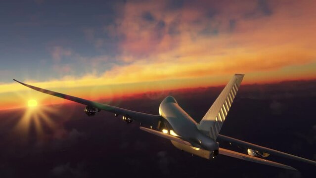 Airplane flying above clouds and beautiful blue sky in sunlight, travel trip with airplane. airplane tail camera