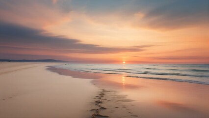 Sunset at empty sand beach, beautiful seascape coast view