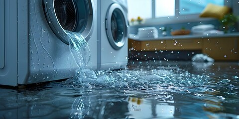 Preventing Water Damage from a Leaking Washing Machine. Concept Mold Prevention, Fixing Leaks, Water Damage Cleanup, Maintaining Appliances - obrazy, fototapety, plakaty