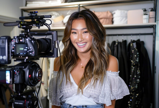 A beautiful asian female influencer is recording an online video for her store, wearing jeans and a white top with a blue jacket