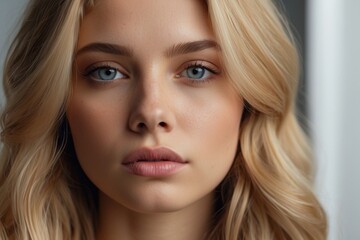 Obraz premium A woman with blonde hair and blue eyes is looking at the camera