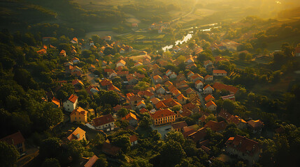 Fototapeta na wymiar An aerial view of a serene countryside dotted with quaint villages
