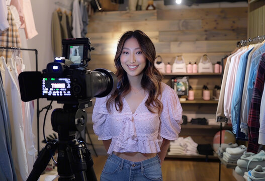 A beautiful asian female influencer is recording an online video for her store, wearing jeans and a white top with a blue jacket