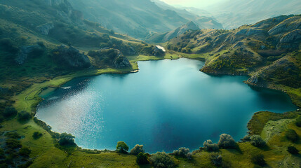 An aerial view of a serene lake nestled among rolling hills and valleys