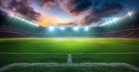 Sunset Over an Empty Soccer Stadium with Dramatic Clouds and Floodlights