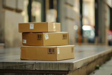 Stack of packages on a porch. Logistics and package delivery. Created with Generative AI technology.