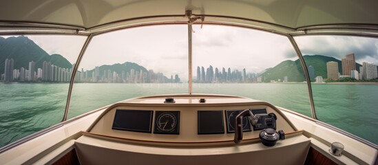 Inside of speedboat with passengers from Hong Kong to Macau, Turbojet ship - obrazy, fototapety, plakaty