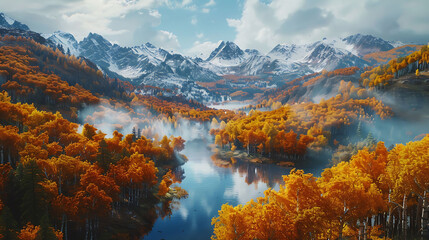 An aerial view of a serene mountain valley blanketed in a carpet of colorful autumn foliage