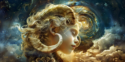 Young lady with rams horns with a cloud and star background, ai generated. - obrazy, fototapety, plakaty